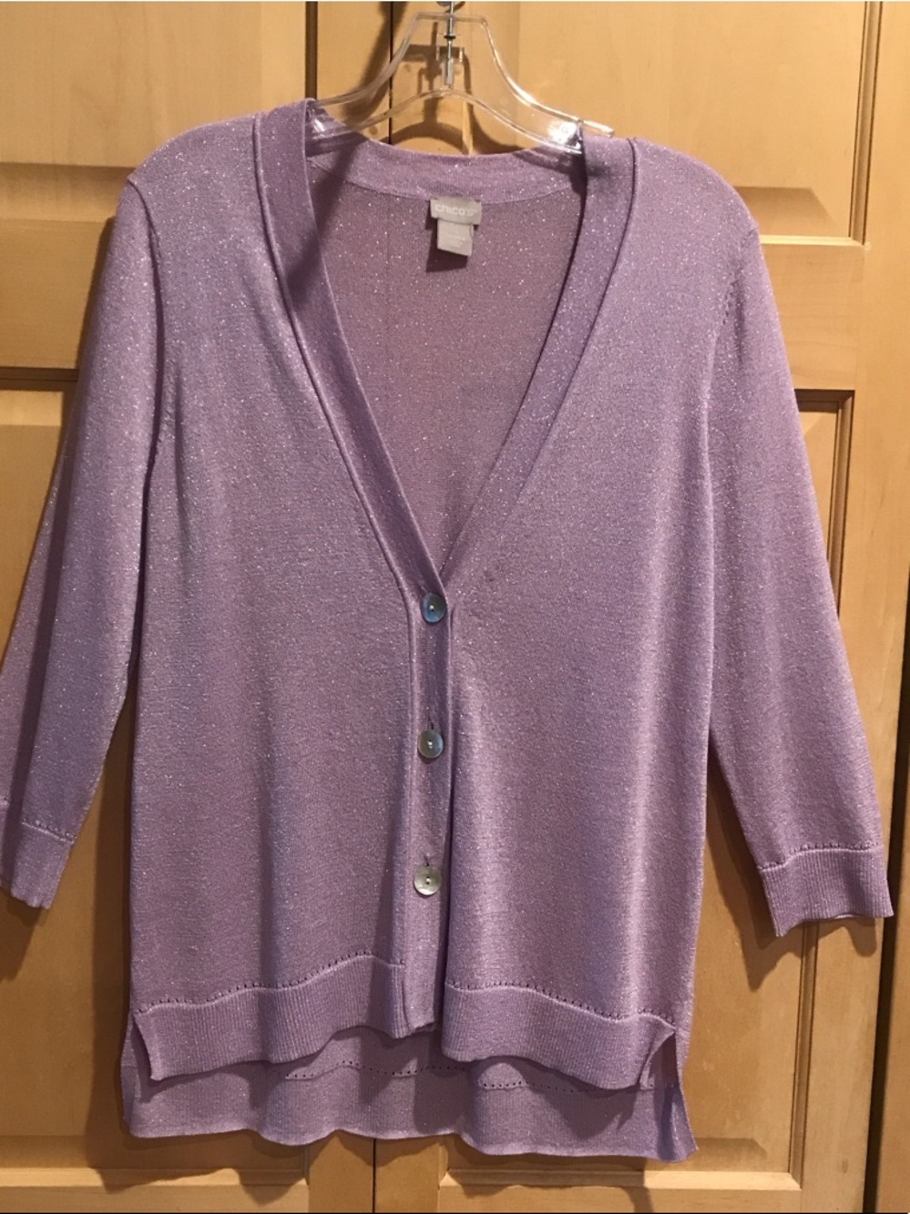 Chico's Metallic Lavender V-Neck Button Cardigan